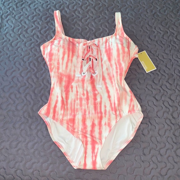 Michael Kors Tie-Dye Lace-Up Pink Swimsuit - Picture 3 of 10